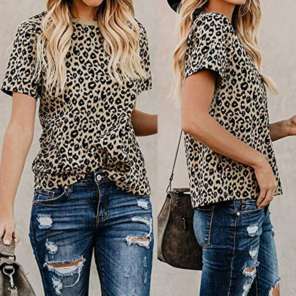 Casual Cute Shirts Leopard Print Tops Basic Short Sleeve Soft T-shirt