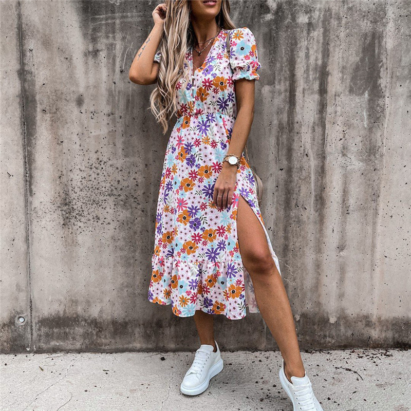 Autumn Long Floral Print Dress Robe Women Casual Long Sleeve Split Dress Female Boho Elegant Maxi Party DressSpring M0435 alx