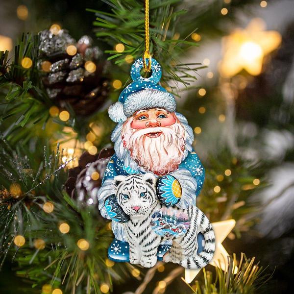 White Tiger And Blue Santa Shape Christmas Wooden Ornament