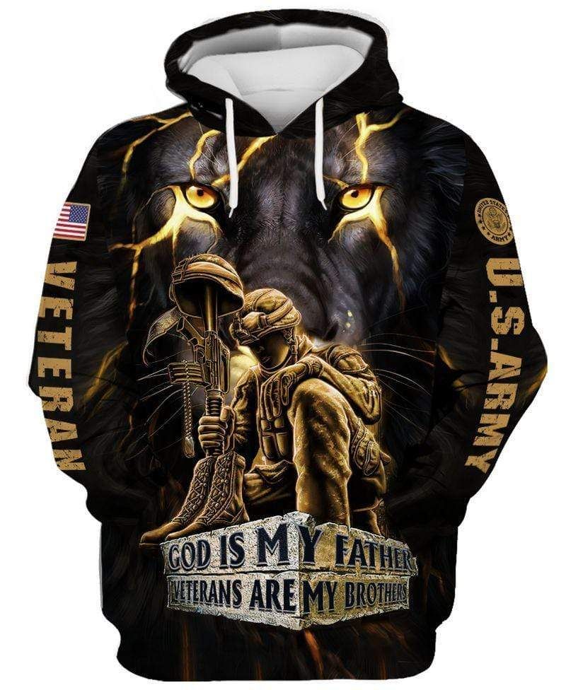 U.S Army Veteran Hoodie Black Lion God Is My Father Veteran Hoodie 3D