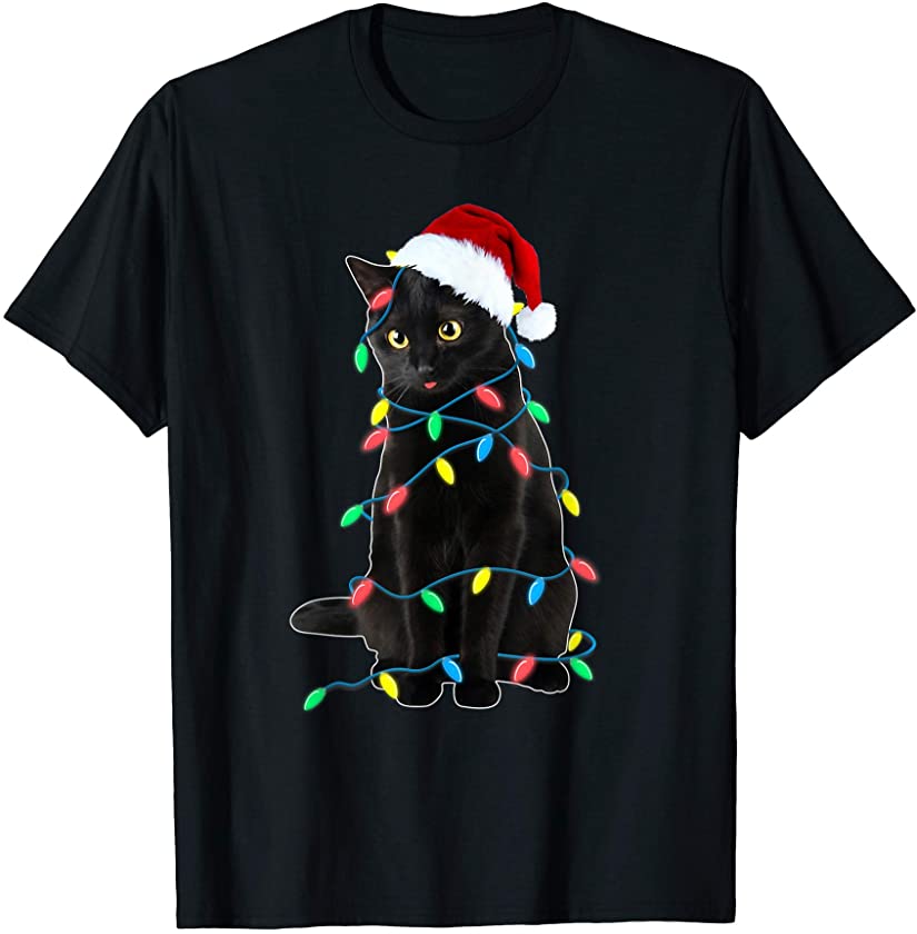 Black Cat Christmas Tree Lights Funny Santa Kitten Led Light T-Shirt