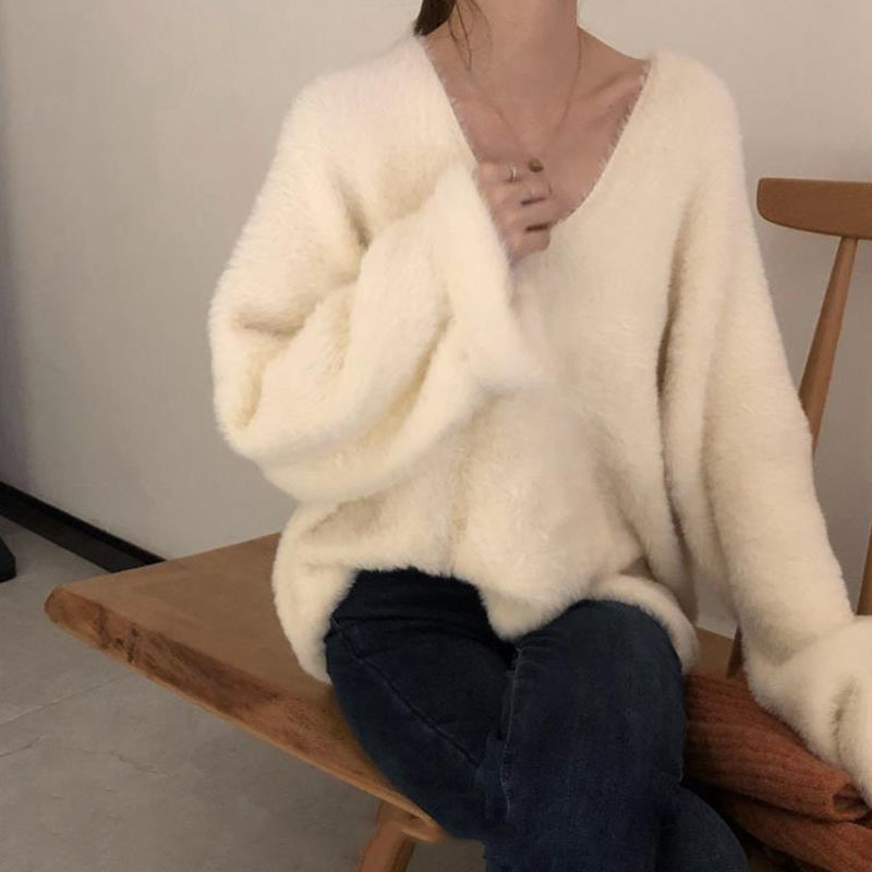 WTEMPO Pure Color V-Neck Knitted Sweater Women Long Sleeve Sweet Elegant White Pullover Female Mohair Knitted Korean Style Y2k alx