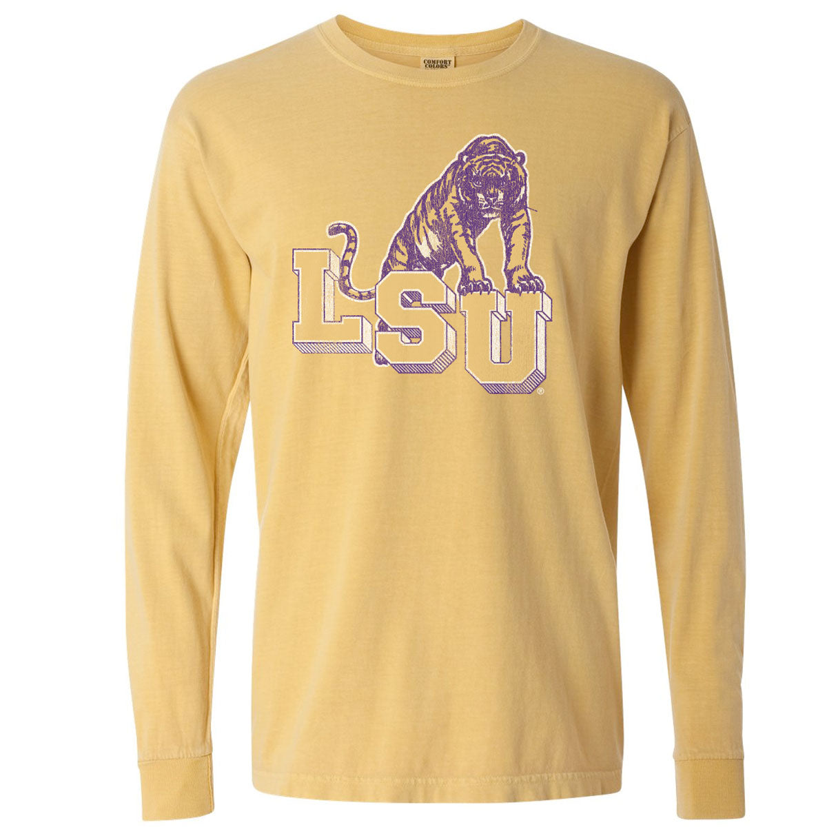 B&B Dry Goods LSU Tigers Retro Step Garment Dyed Long Sleeve T-Shirt – Gold