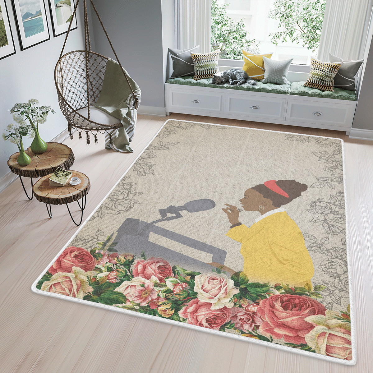 Wooni Black Girl Speech Area Rug, Rectangle Rug Wn21032218