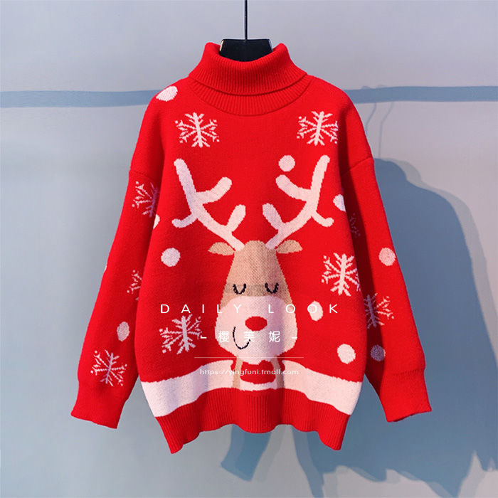 Women’s Christmas sika deer pullover sweater loose sweater high collar casual girl embroidery kawaii small fur deer sweater coat alx