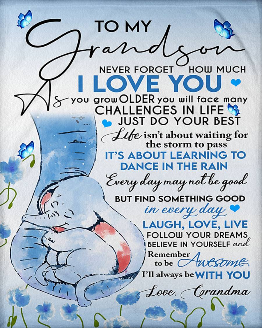 To My Grandson Fleece Blanket, Personalized Birthday Gift For Grandson From Grandma Blanket, Never Forget How Much I Love You Elephant Blanket