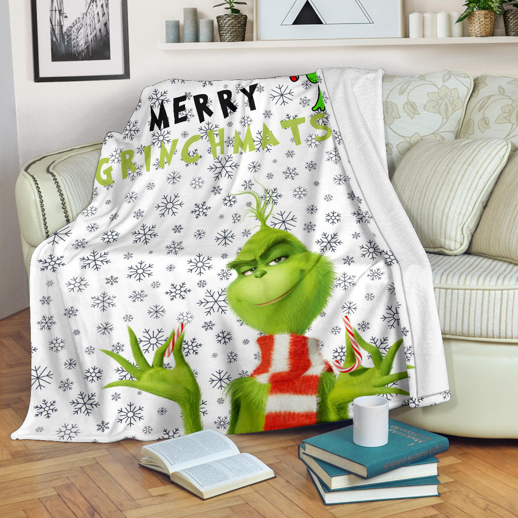 Christmas Fleece Blankets | Merry Grinchmats Grinch Smiling Candy Cane Gift Fleece Blanket Na100404