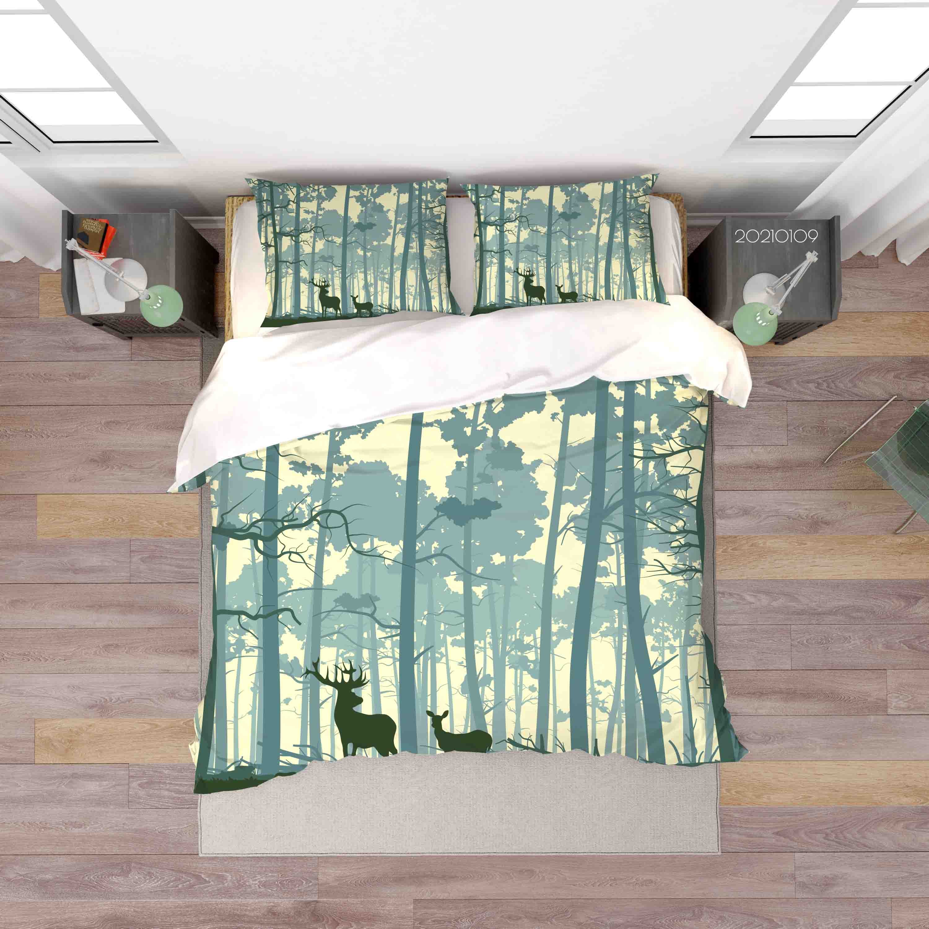 3D Cartoon Green Forest Animal Elk Quilt Cover Set Bedding Set Duvet Cover Pillowcases 53 Lqh