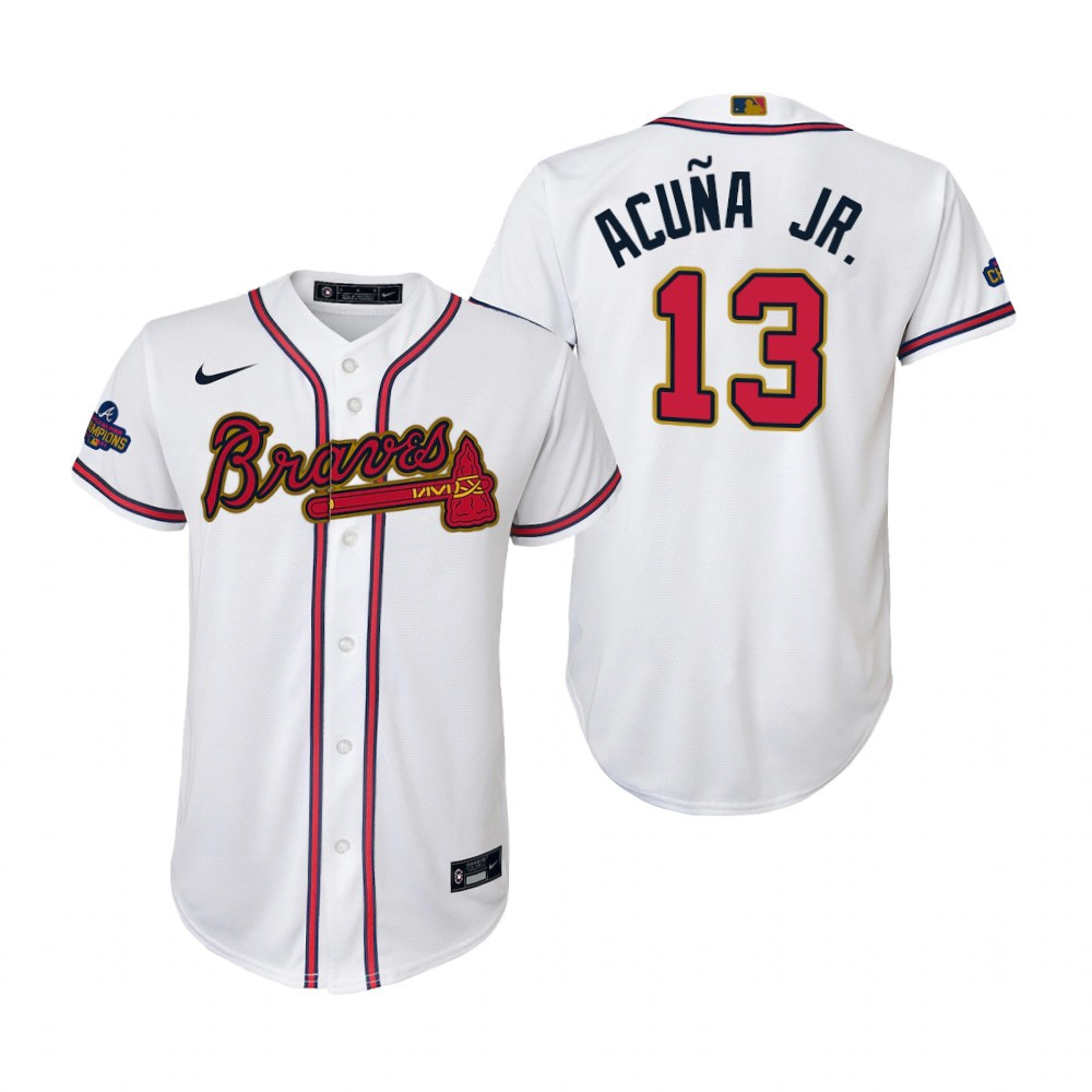 Youth Ronald Acuna Jr. 13 Jersey, Atlanta Braves White 2022-23 Gold Program Jersey