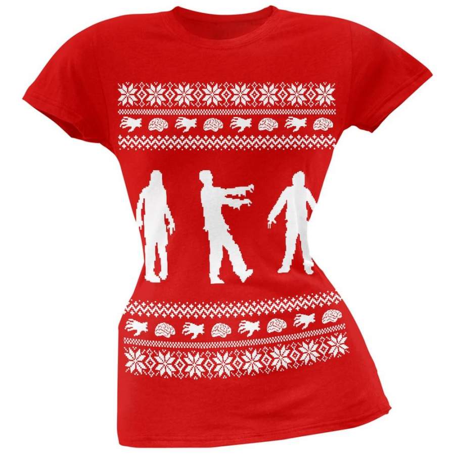 Zombie Ugly Christmas Sweater Red Soft Juniors T-Shirt