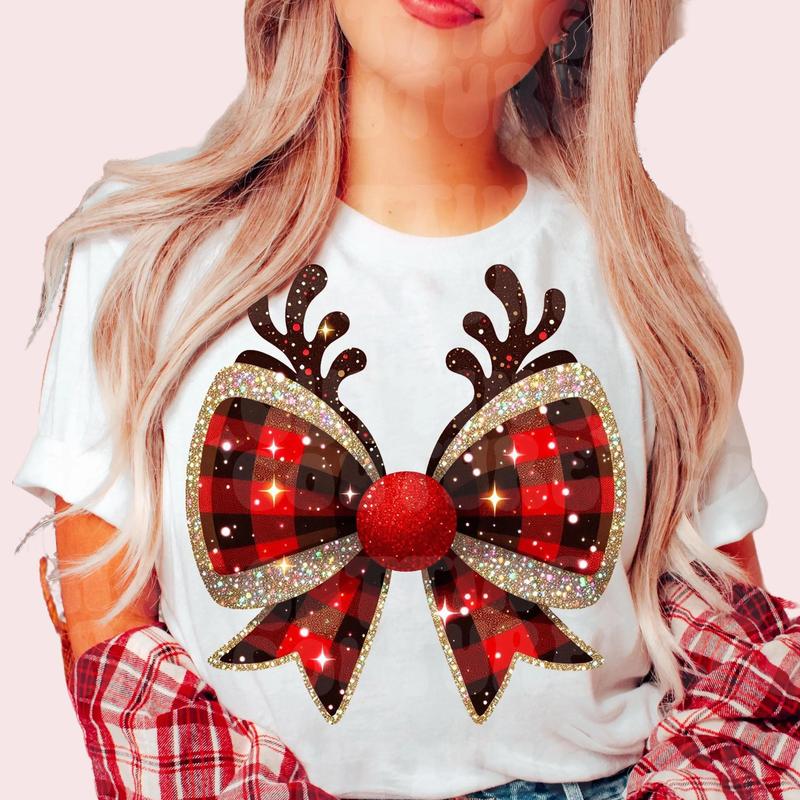 Christmas Coquette Bow Sweater, Coquette Christmas Shirt, Reindeer Bow, Christmas Santa Bow Tee, Soft Girl Era Shirt, Coquette shirt, Cotton Crew Neck Shirt, Full Sizes, Full Colors Women coquette christmas