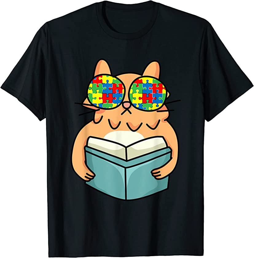 Cat Reading A Book Autism Awareness Puzzle Piece Cute Kitten T-Shirt