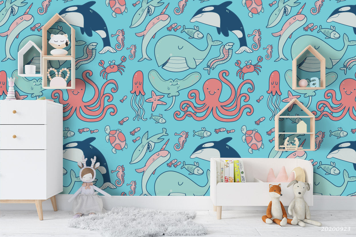 3D Cartoon Pattern Dolphin Whale Fishes Wall Mural Wallpaper Wj 3191