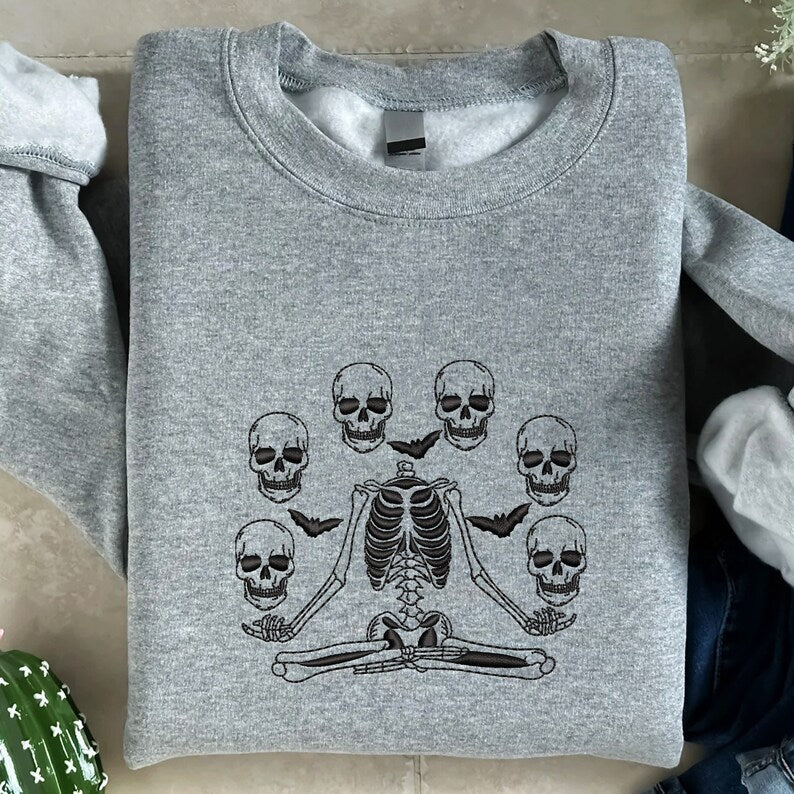 Skeleton Throwing Skulls Halloween Embroidered Sweatshirt 2D Crewneck Sweatshirt All Over Print Sweatshirt For Women Sweatshirt For Men Sws4298