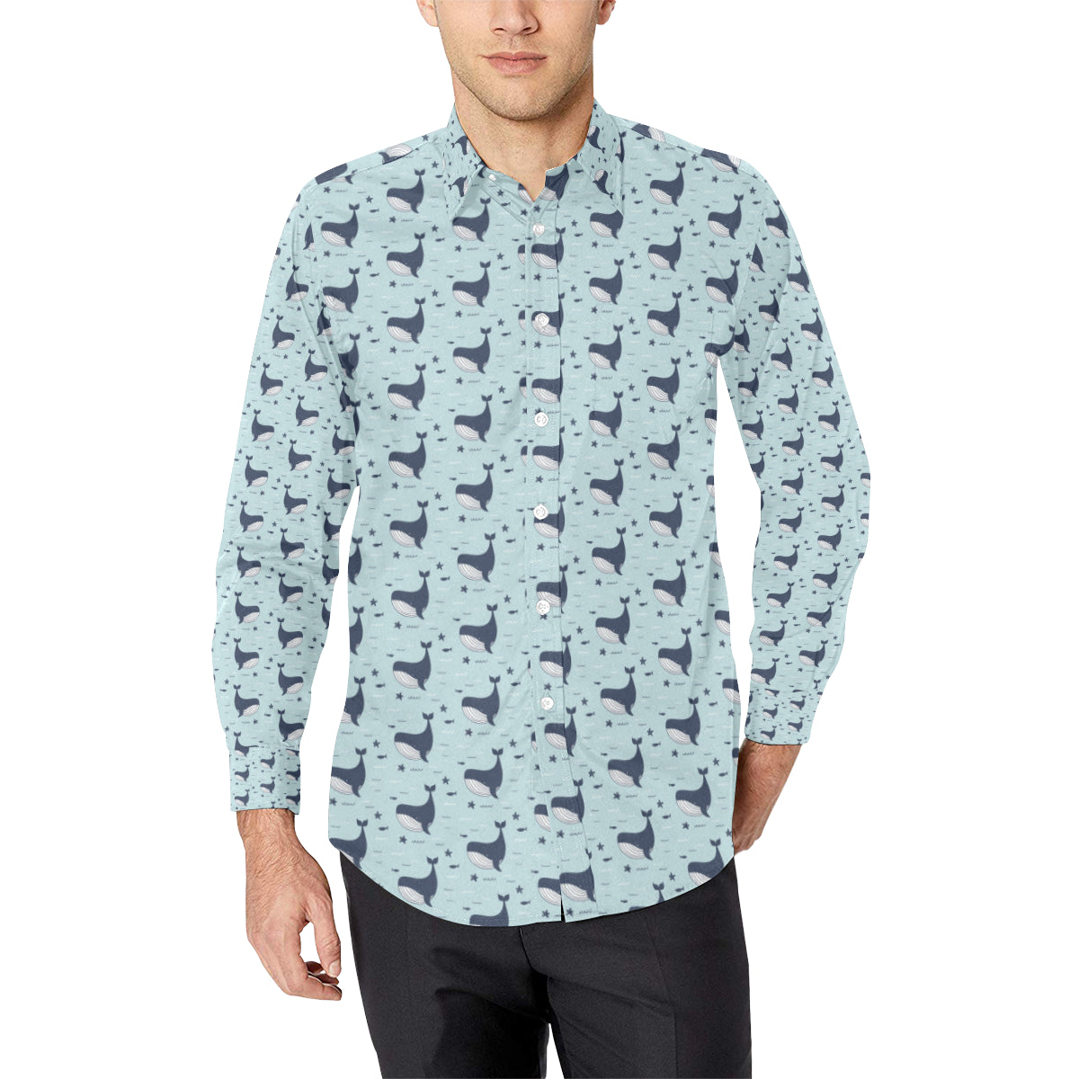 Whale Cute Design Themed Print Long Sleeve Dress Shirt