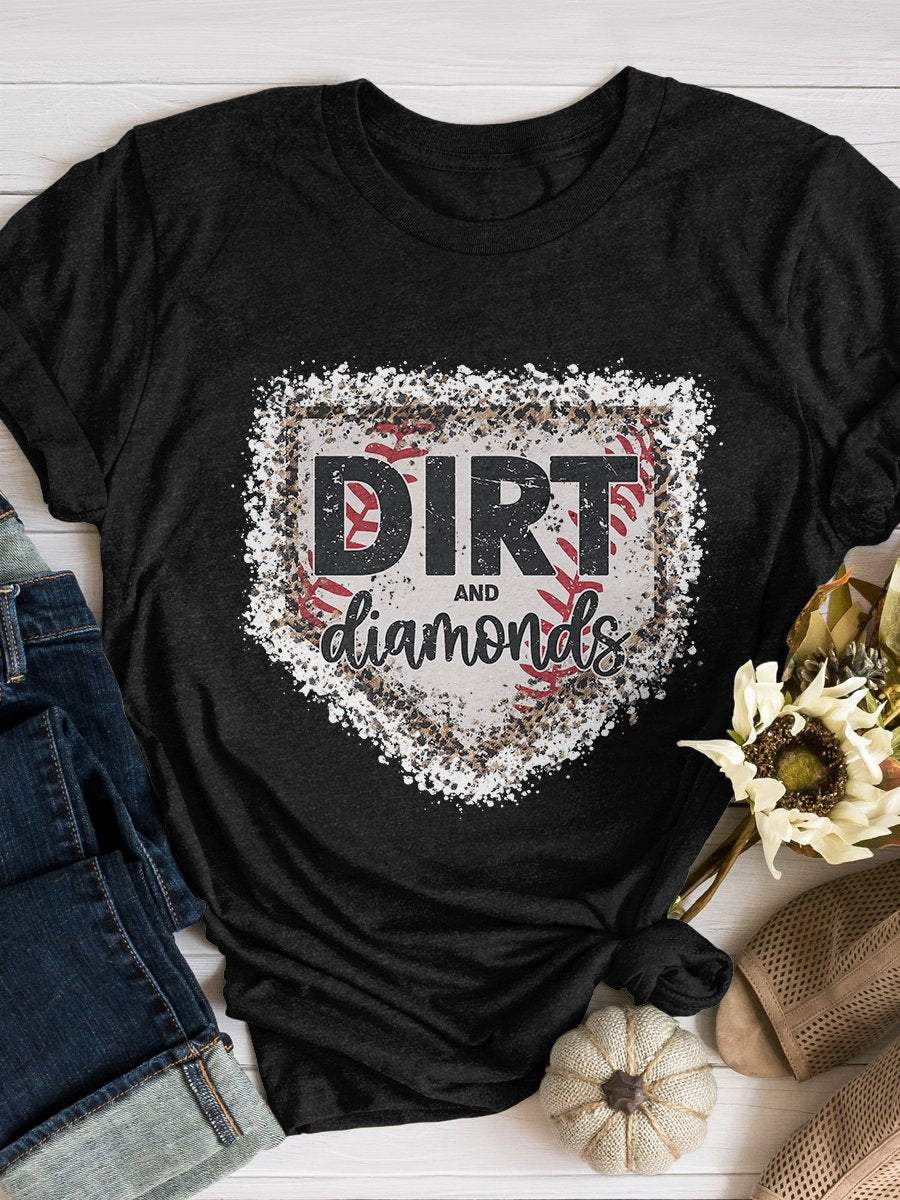 Leopard Dirt And Diamonds Baseball Mom Print Short Sleeve T-Shirt