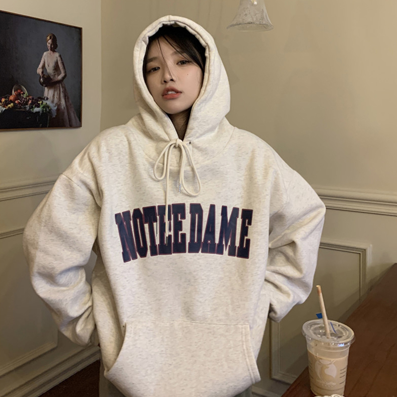 Winter Korean Fashion Grey Baggy Pullover Letter Printing Pocket Fleece Thicken Sweatshirt Casual Lazy Raglan Sleeves Hoodie alx