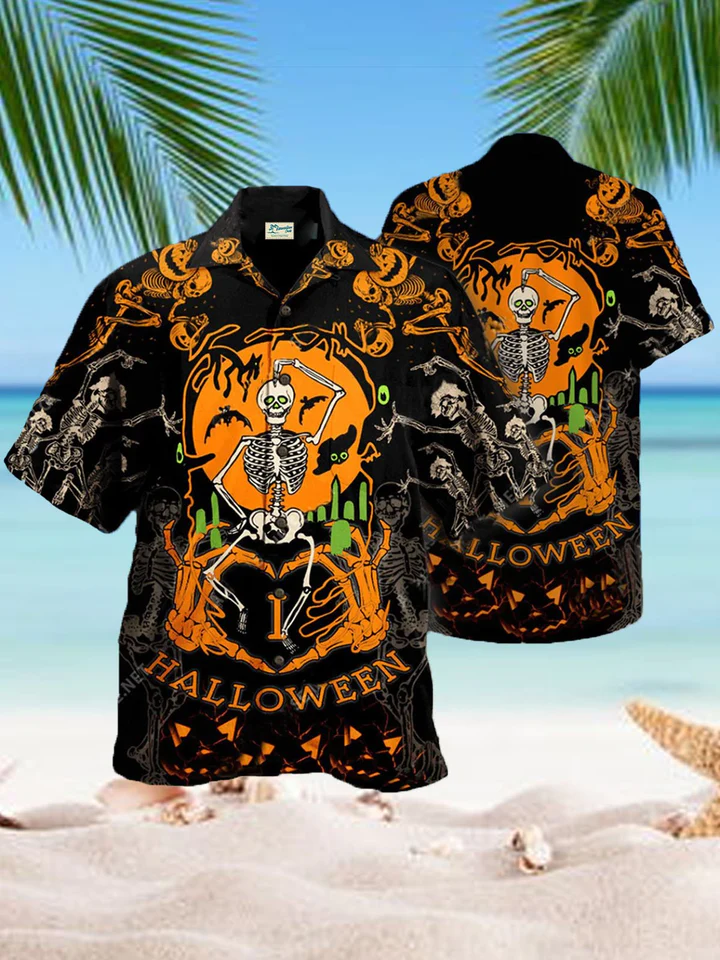 Male Fun Halloween Dancing Skeleton Short Sleeve Hawaii Funny Shirt Ha75468