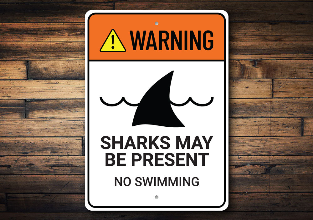 Warning For Shark, Sharks Sign, Shark Present Sign, Ocean Decor, Sharks Warning ,Ocean, Custom Ocean Sign – Quality Aluminum Shark