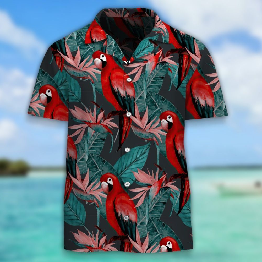 Red Macaw Parrot And Tropical Flowers Hawaiian Aloha Shirt Hawaiian Shorts Beach Short Shirt