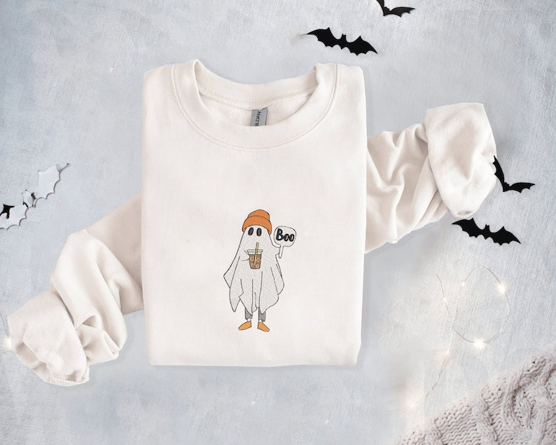 Boo Ghost Coffee Latte Halloween Embroidered Sweatshirt 2D Crewneck Sweatshirt All Over Print Sweatshirt For Women Sweatshirt For Men Sws4303