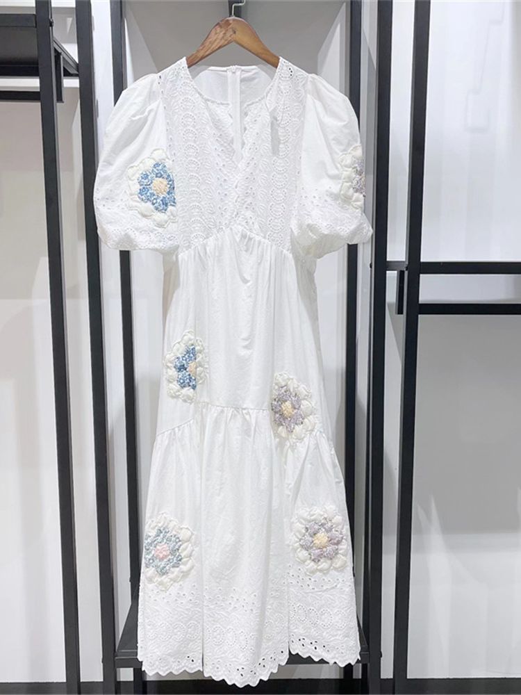 Women V-Neck Three-dimensional Flowers Midi Dress 2022 Summer Lantern Sleeve Retro Lace Stitching Hollow Out Elegant Long Robes alx