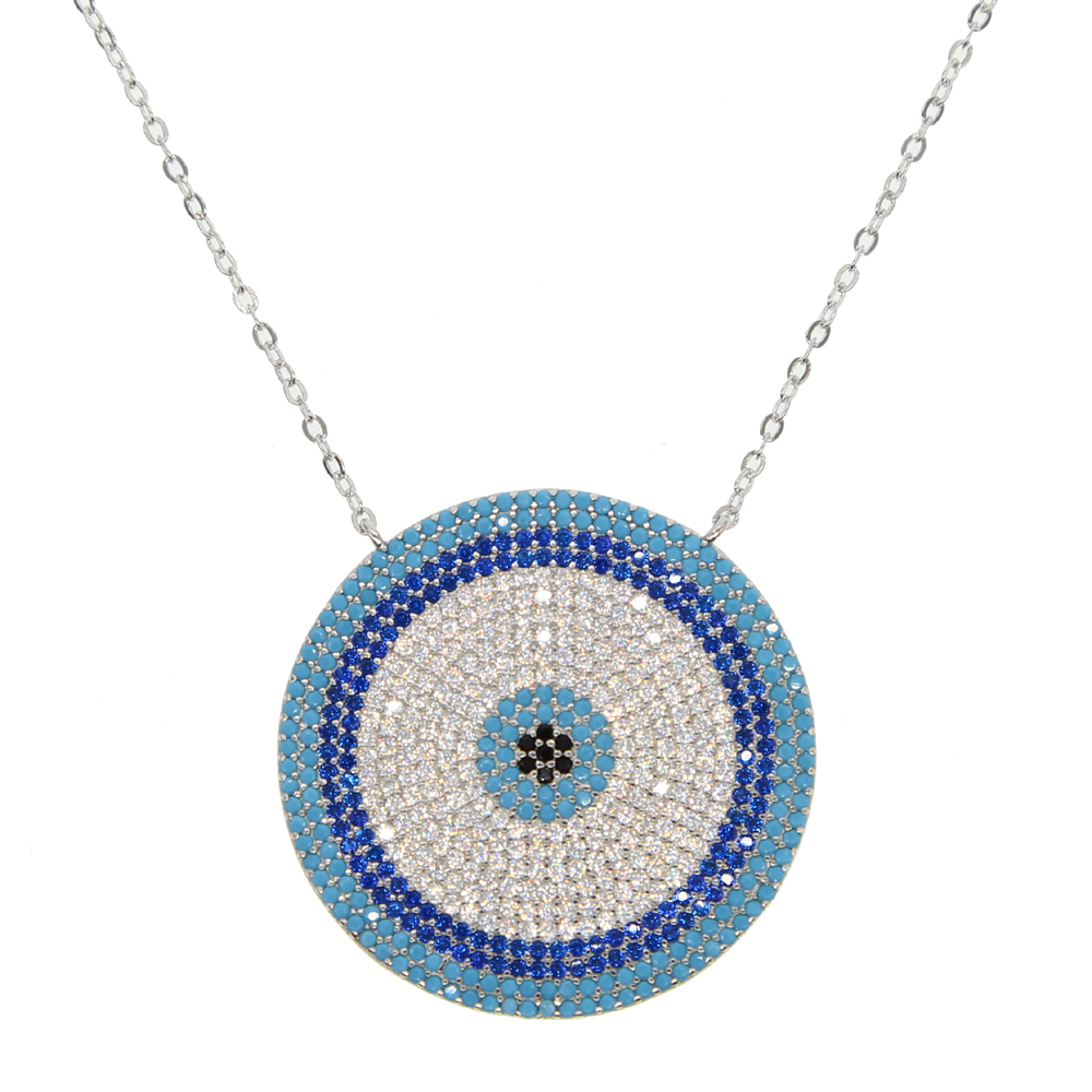 2022 Top Quality Elegant Fashion Turkish Evil Eye Round Neckalce Paved Blue And White Cz Shiny Necklace For Women Wediing Gift alx