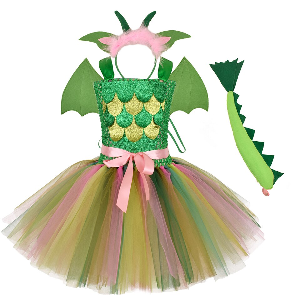 2022 New Kids Halloween Mesh Tutu Dress Girl Dinosaur Cosplay Costume with Headband Wings Tail Clothing Outfits for 0-12 Years alx