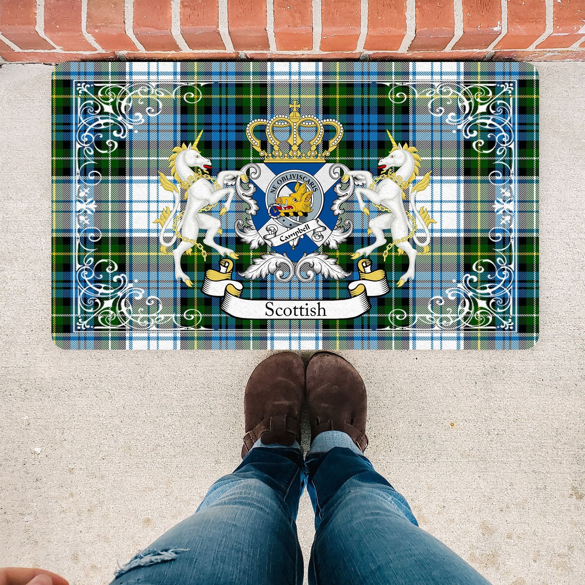 Scotstee Shop Tartan Door Mat Campbell Dress Clan Badge Tartan Scottish Plaid Doormat, Christmas Door Mat