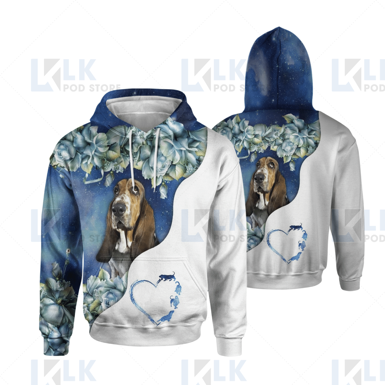 BASSET HOUND – HOODIE Half Curse Blue Flower [ID3-T]