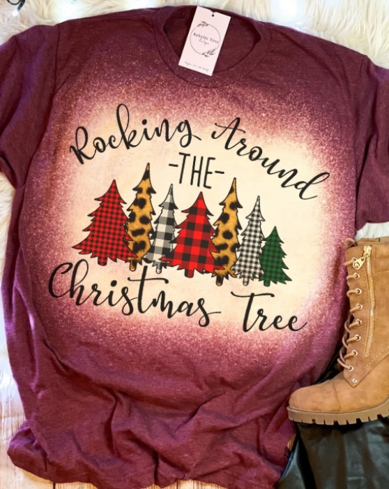 Rocking Around The Christmas Tree Plaid Leopard Bleached Dye Canvas Girlie T Shirt