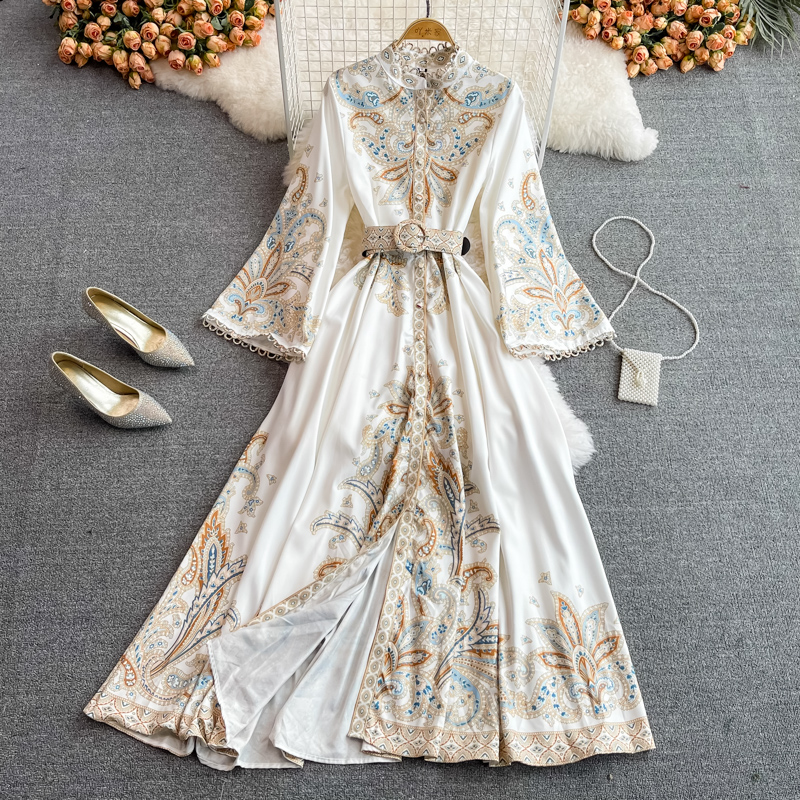 Spring Autumn Women’s Dress Vintage Long Sleeve Print Floral High Waist Boho Party Maxi Vestidos Elegant Luxury Long Dresses alx