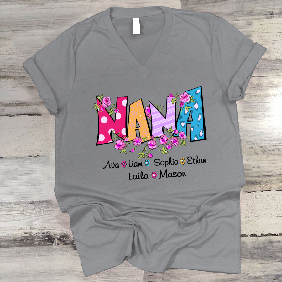 Nana And Grandkids Flower Custom V-Neck