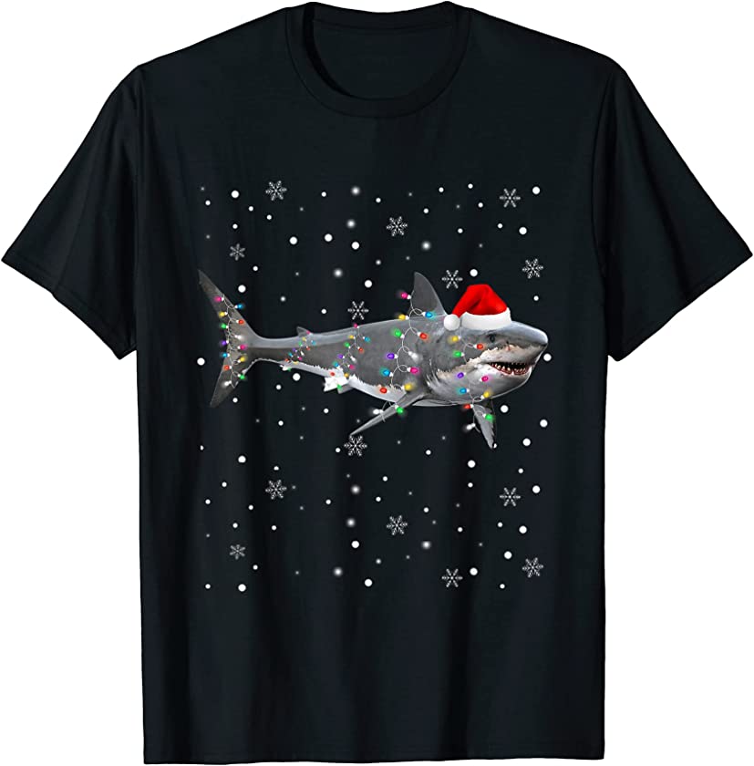 Christmas Lights Shark Lover Santa Hat Funny Xmas Family T-Shirt