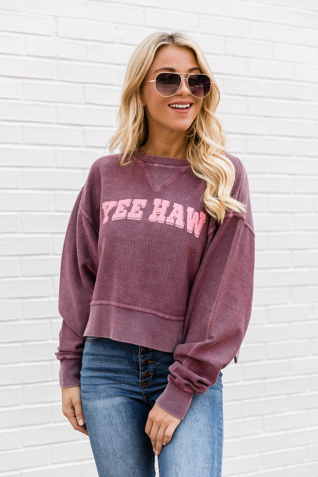 Yee Haw Cropped Corded Graphic Maroon Sweatshirt