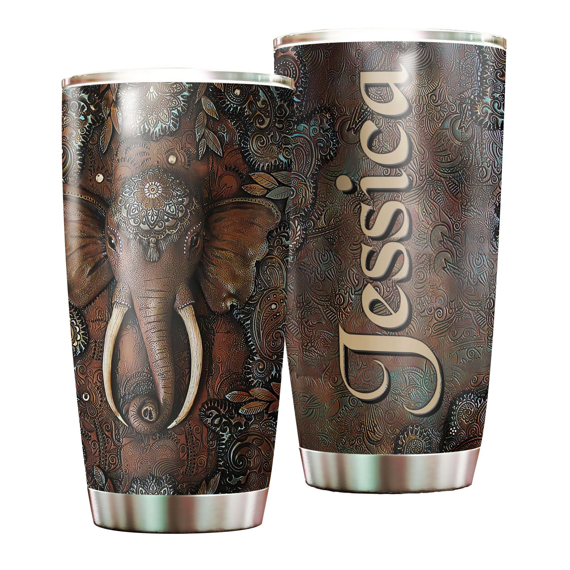 Personalized Mandala Elephant Stainless Steel Tumbler-Sweat-Proof Double Wall Travel Cup With Lid