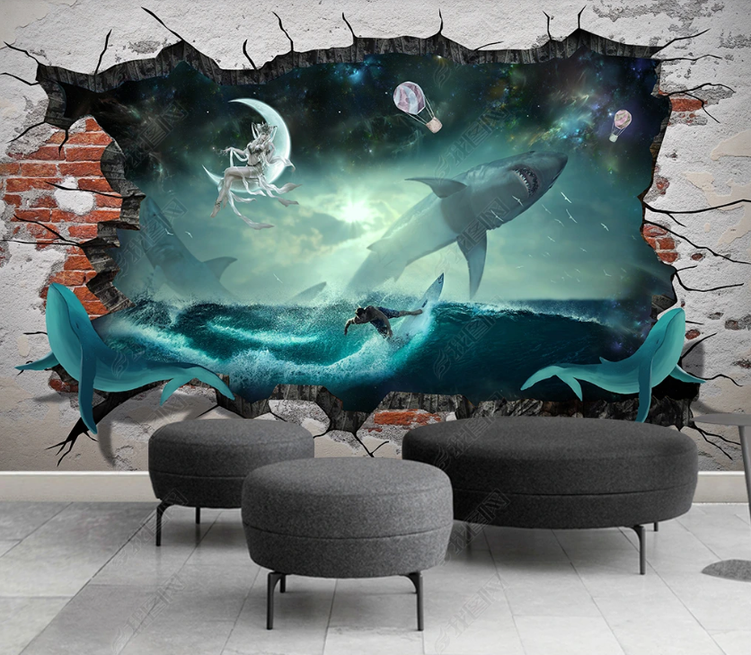 3D Broken Wall Sea Shark Moon Wall Mural Wallpaper Lqh 310