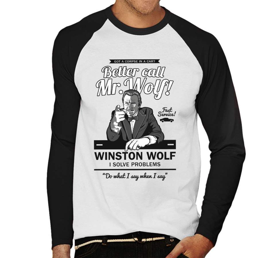 Better Call Mr Wolf Pulp Fiction Men’s Baseball Long Sleeved T-Shirt