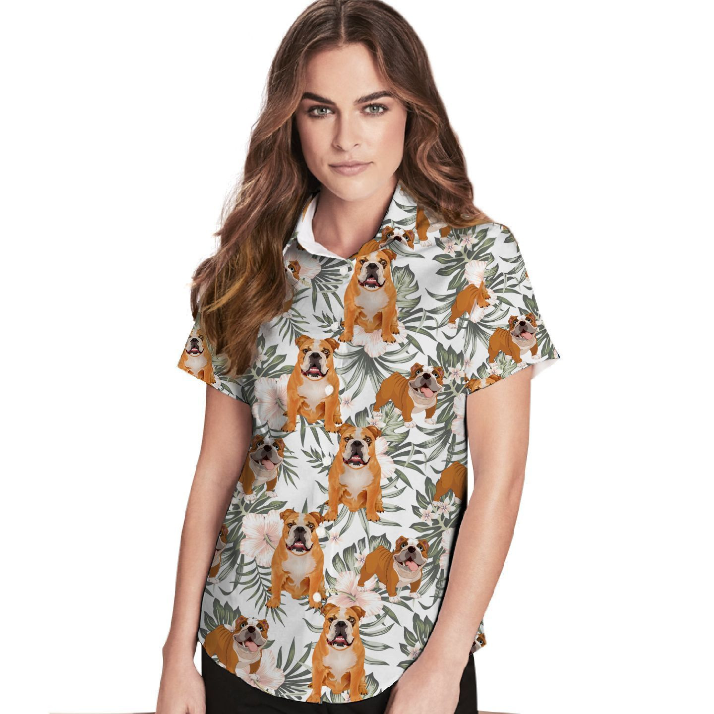 Bulldog Tropical Leaves Hibiscus Women Hawaiian Shirt For Dog Lovers