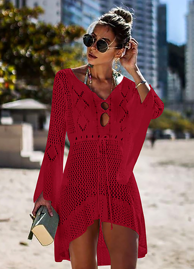 Beach Cover Up Crochet Knitted Tassel Tie Beachwear Tunic Long Pareos Summer Swimsuit Cover Up Sexy See-through Beach Dress alx