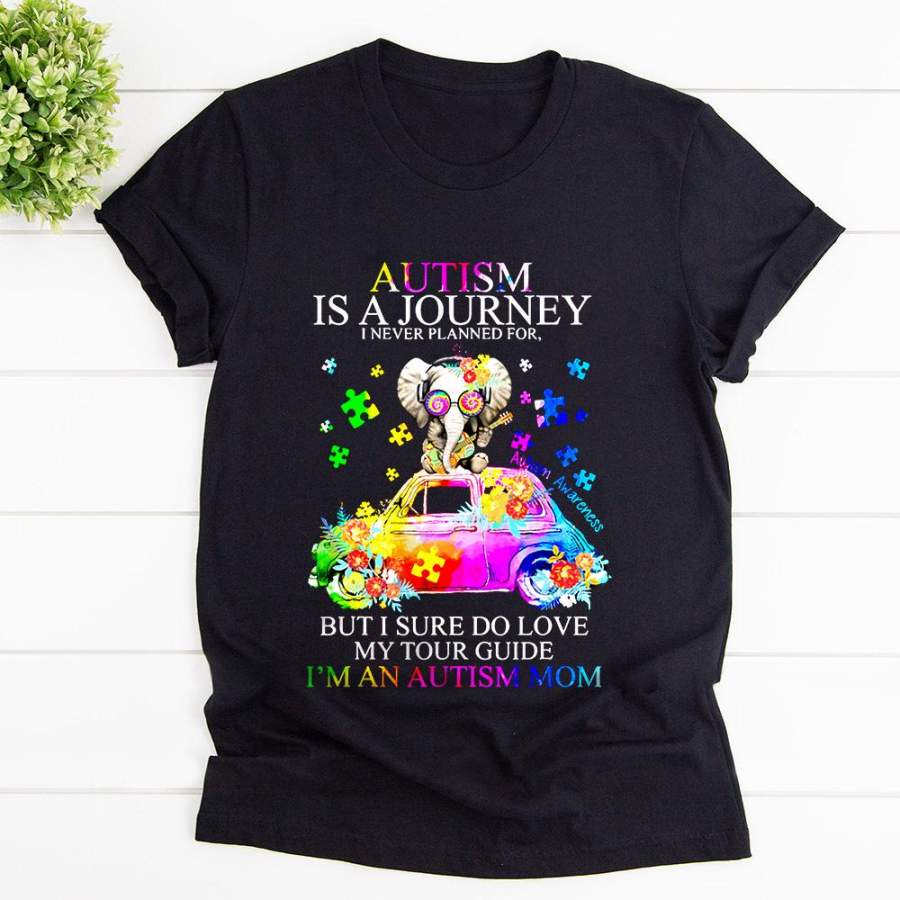 Autism awareness autism is a journey i never planned for elephant & car guitar lovers black cotton t shirt for men and women S-6XL