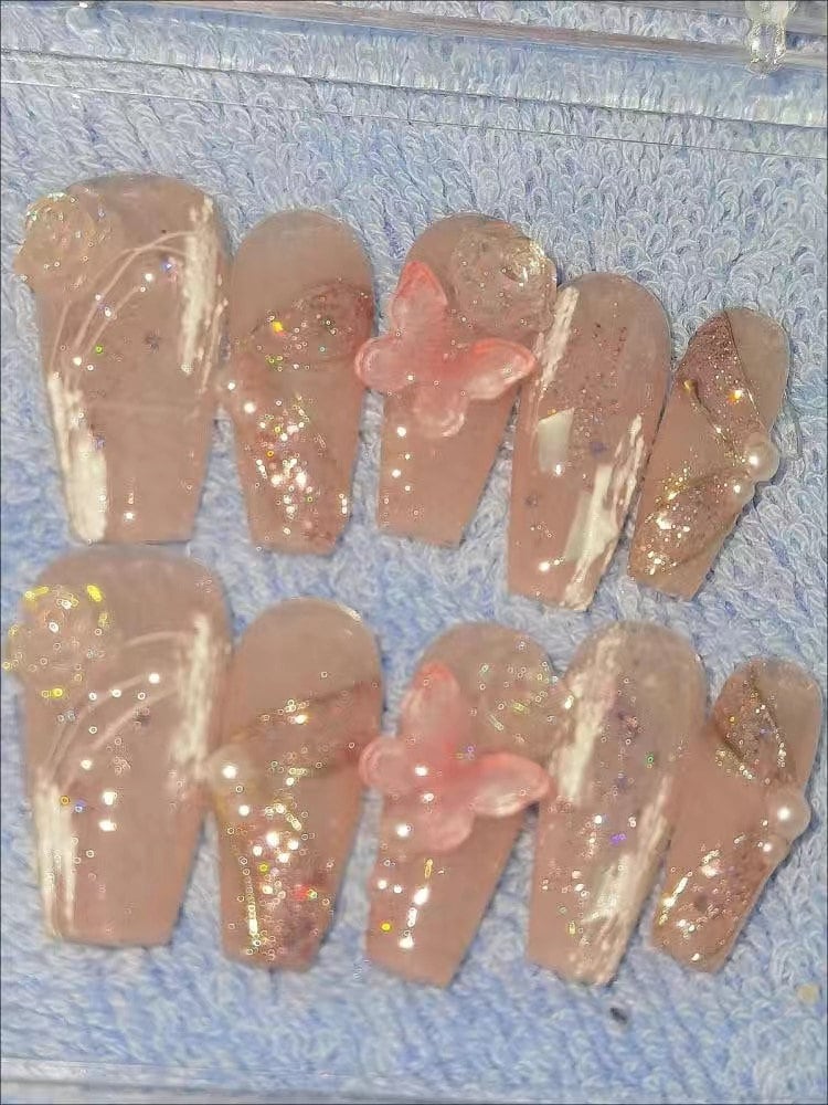 Clear Light Pink Glitter Butterfly Press On Nails/Pink Glitter Nails/Princess Nails/Cute Pink Nails/ Pink Butterfly Nails/ Fairy Nails #16