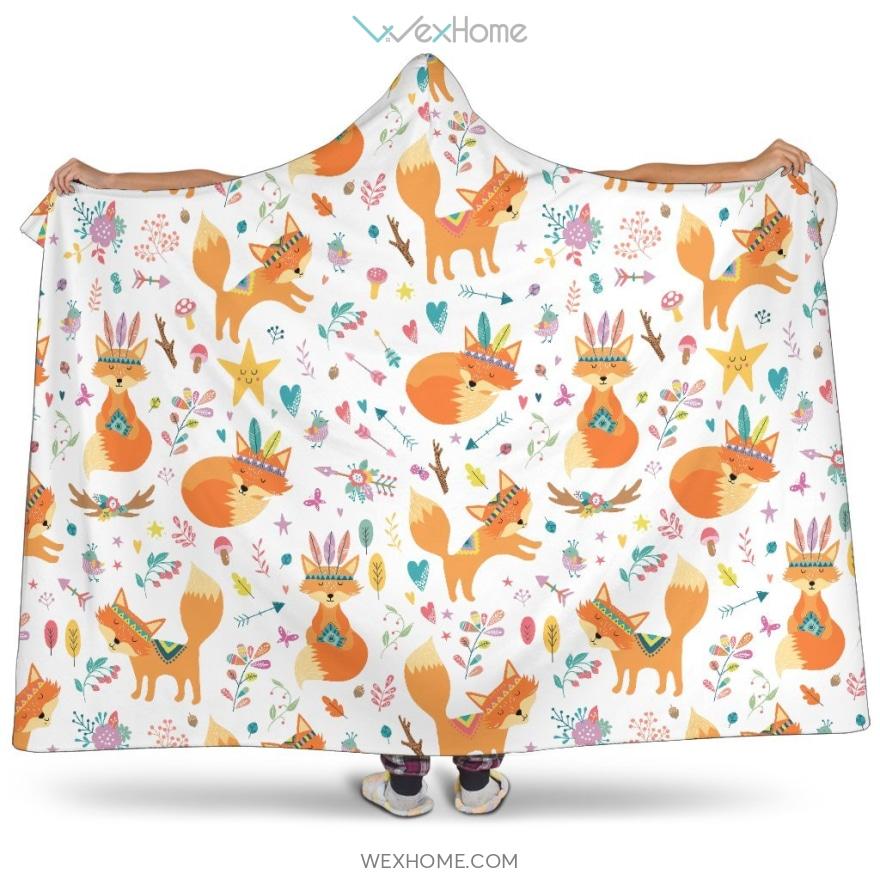 Cute Tribal Fox Pattern Hooded Blanket