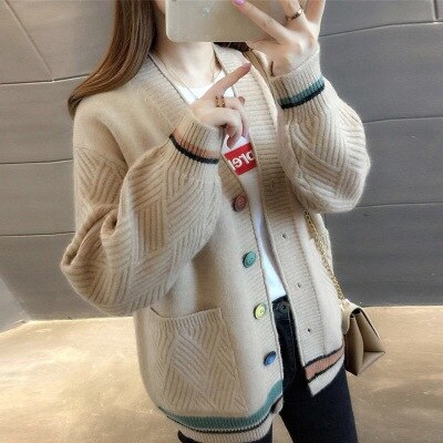 Cashmere Cardigan Sweater Women 2022 Autumn Winter V-Neck Casual Loose Warm Knitting Jacket Streetwear Femme Кардиган Y2k Trf alx