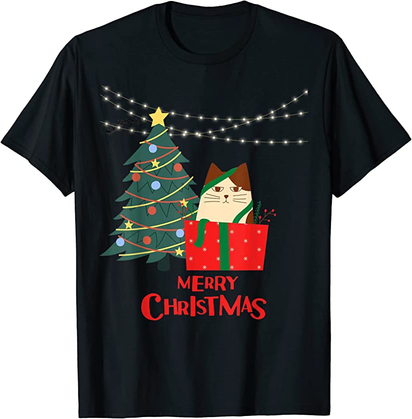 Merry Christmas cat kitty kitten present grumpy santa tree T-Shirt