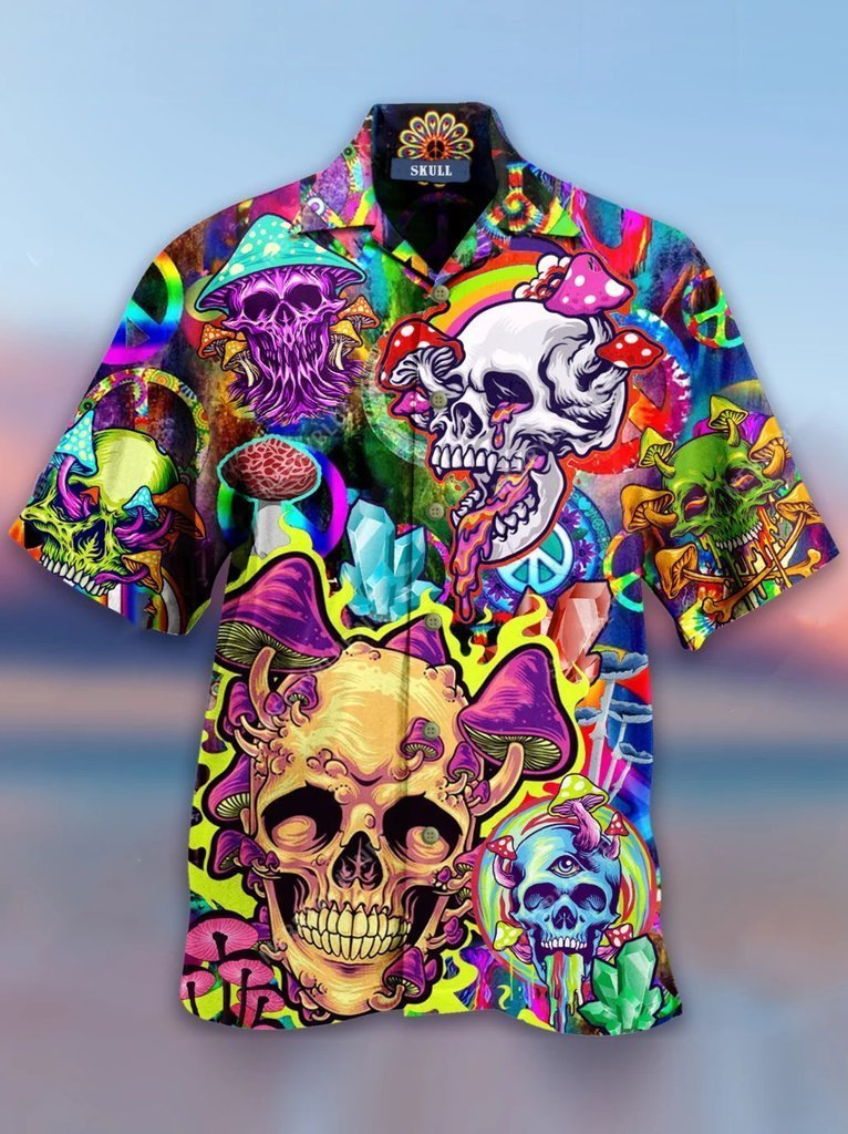 Skull Colorfull Printed Casual Abstract Hippie Style Hawaii Shirt Ha51744