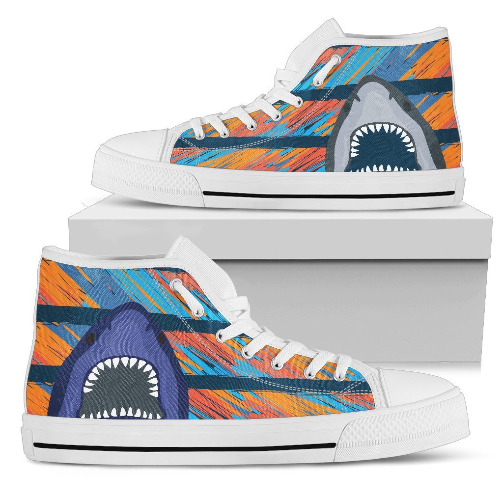 Blue Shark Pattern Women High Top Canvas Shoes