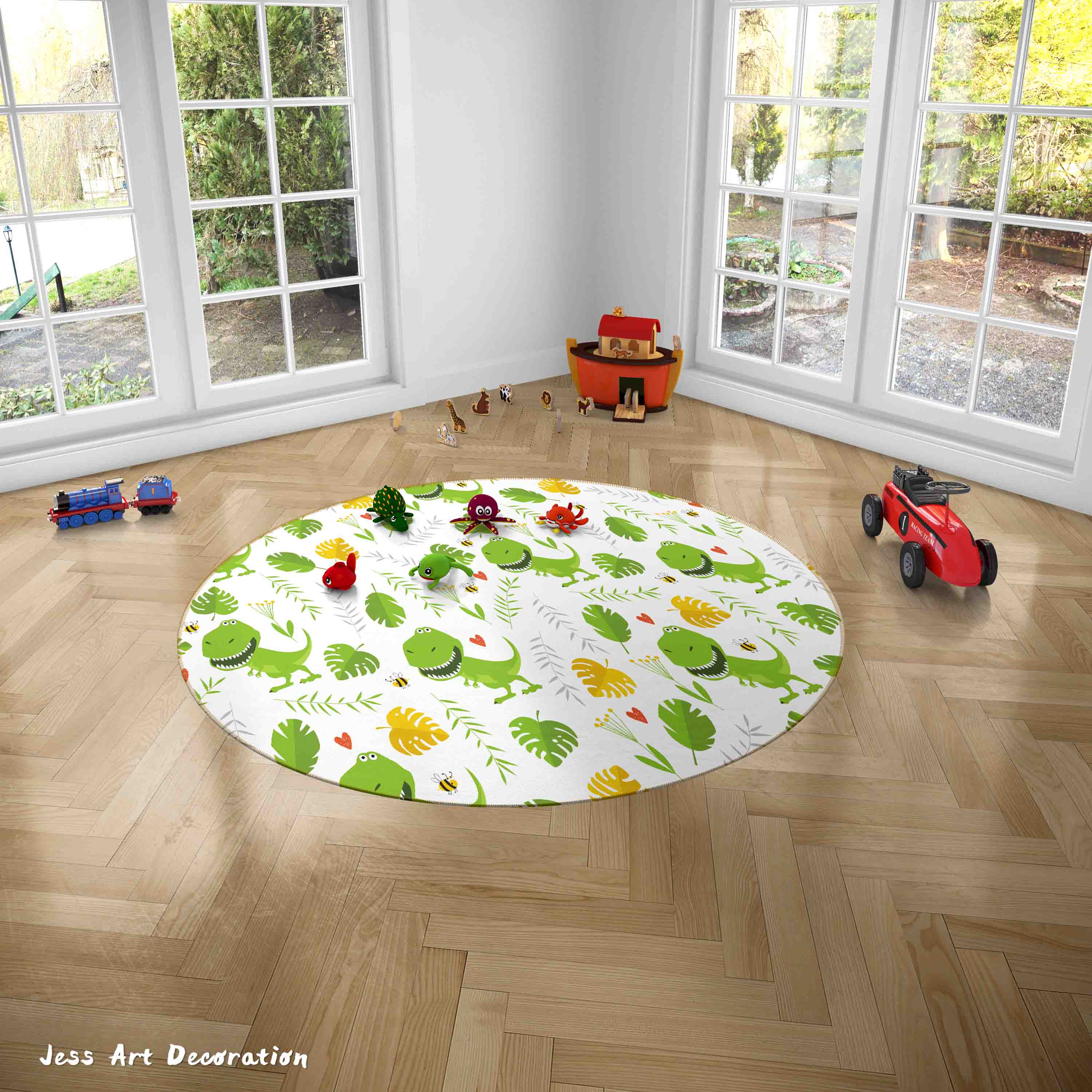 3D Cartoon Animal Dinosaur Green Leaf Kids Non-Slip Round Rug Mat 4