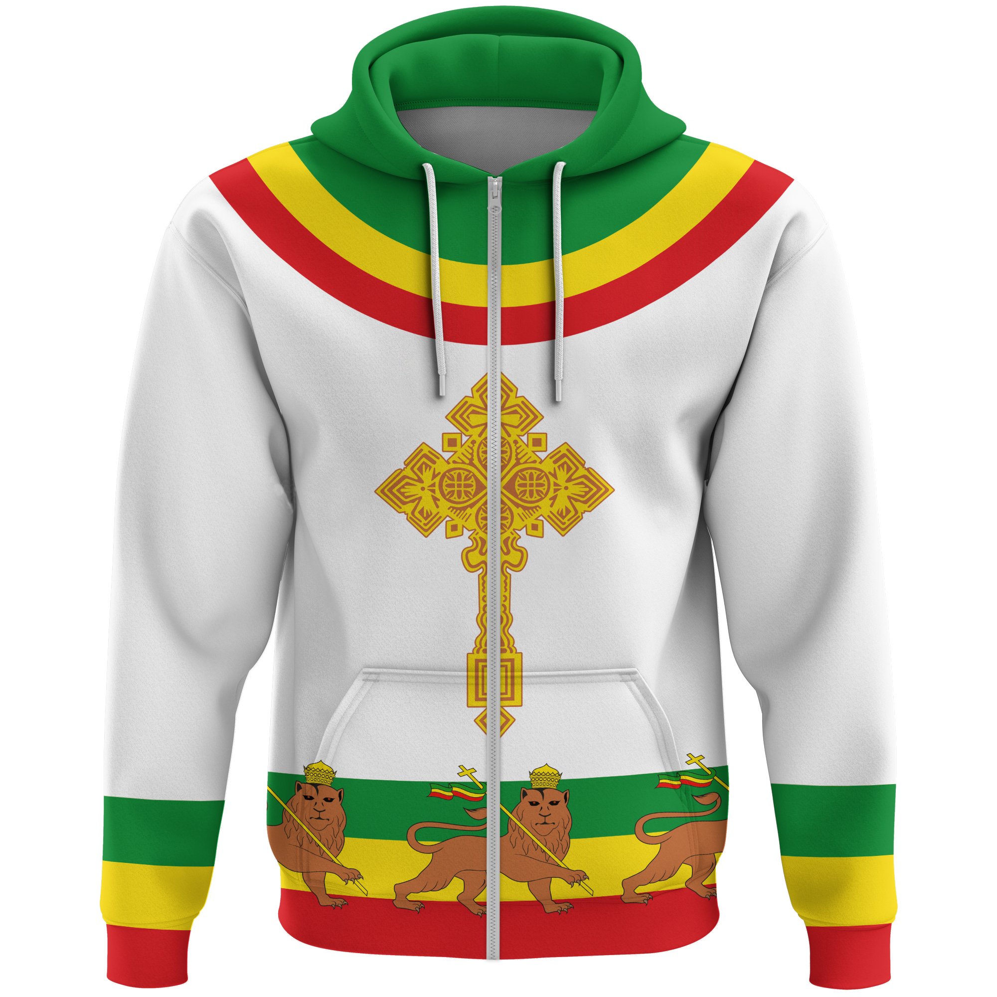 1stTheWorld Ethiopia Full Zip Hoodie Cross Flag Lion White A10