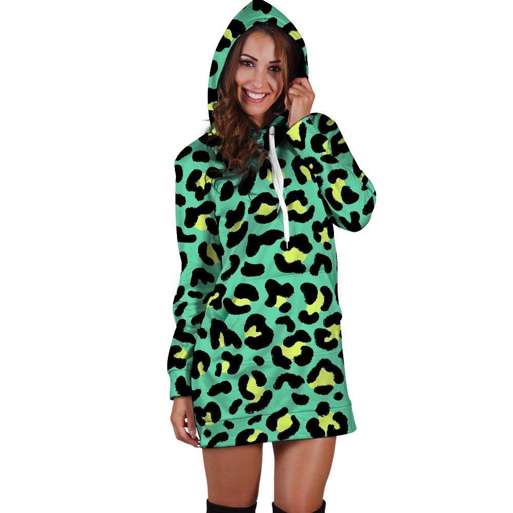 Green Leopard Hoodie Dress